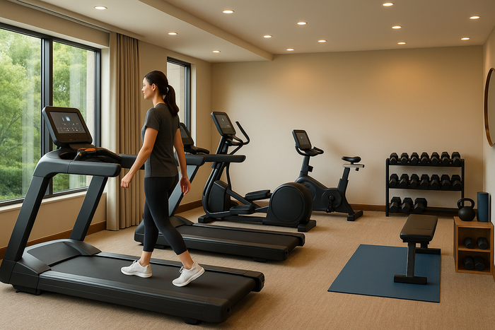 A modern hotel gym with large windows, natural light, and compact fitness equipment including treadmills, an exercise bike, free weights, a bench, and yoga mats. 